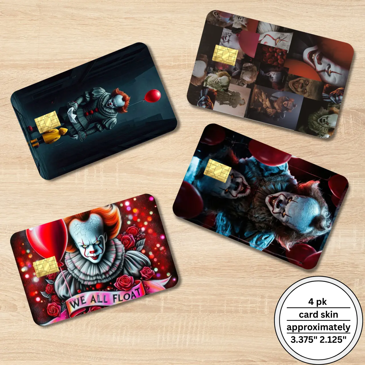 Handmade 4-Pack Holographic Pennywise Card Sticker Covers, Horror-Themed Creepy Clown Aesthetic, Shiny Finish for Standard Credit/Debit Cards, Gift for Horror Fans, Card Sticker Cover