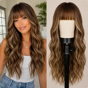 P4/27 Brown Blonde Highlight Body Wave Wig with Bangs for Women, 220% Density Glueless Synthetic Wig, Pre Plucked Natural Hairline, Beginner Friendly Wear And Go Daily Wig middle part synthetic heat hair stylist gift