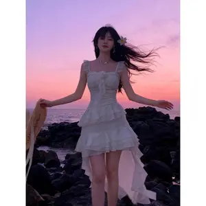 SYHAN 2026 Latest Mist-Kissed Camellia Puff-Sleeve Chiffon Gown YA11942061 - Asymmetrical Hem Camisole Dress for Formal Events Vacation Birthday Banquets & Beach Getaways - Womenswear