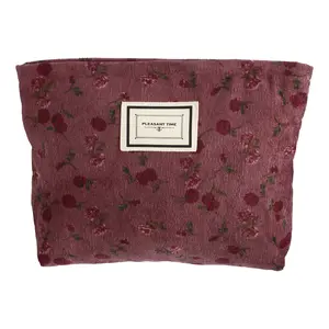 CHEIBEAR Corduroy Floral Makeup Bag, Zipper Flower Cosmetic Pouch, Aesthetic Women Cosmetic Bags Coin Purse Suitable for Foundations Lipsticks Brushes, Red