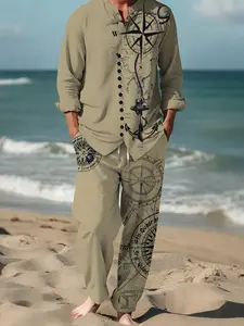 Men's Retro Nautical Compass & Map Print Suit - Beige All-Season Stand-Up Collar Textured Polyester Ideal for Casual Gatherings Parties Daily Wear