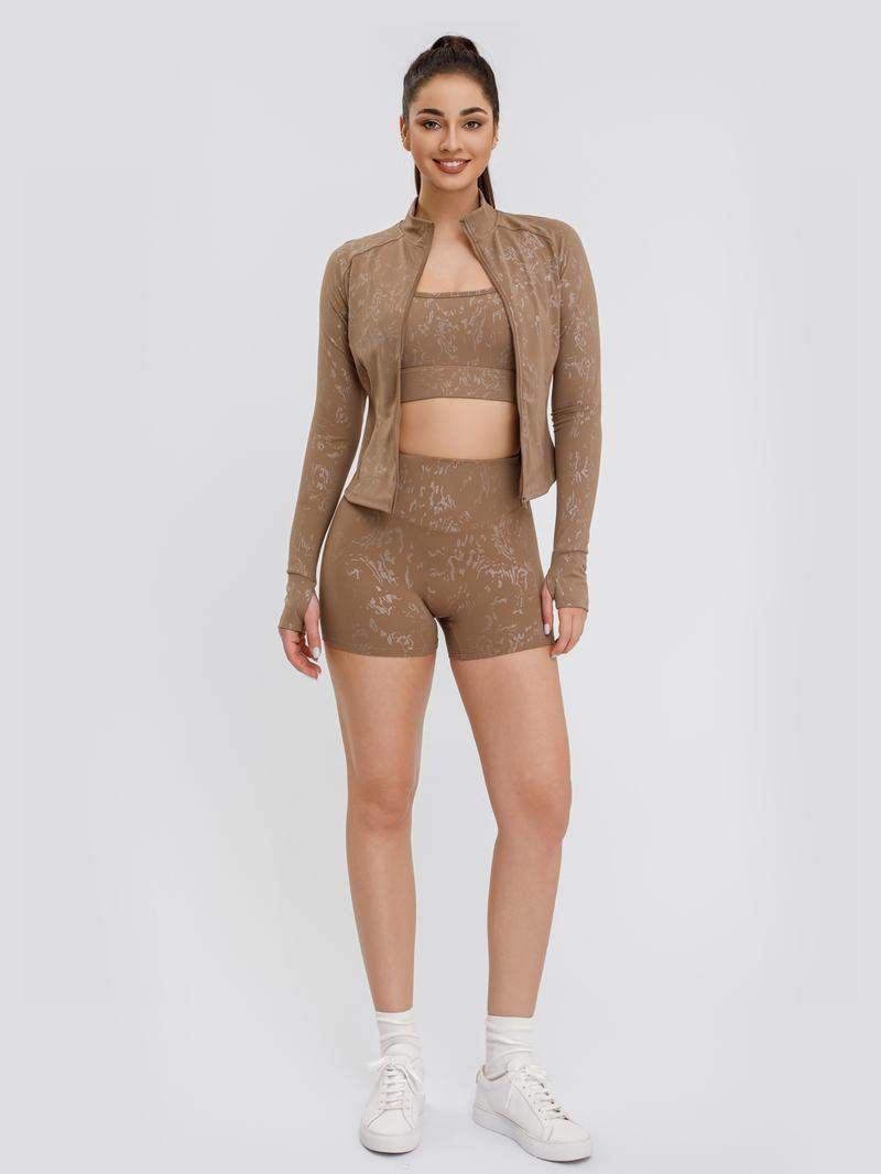 S&W Women's Yoga 3-Piece Set - Biker Short, Tank Top, Jacket with Zipper - Tie-Dye in Apricot Blue & Black - High-Rise Collar, 4-Way Stretch