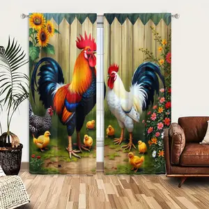 2pcs Window Curtains, A vibrant scene with two roosters, a hen, and seven fluffy chicks in a sun-drenched garden featuring sunflowers, a wooden fence, and wildflowers.Window Drapes for Bedroom Living Room, Rod Pocket Window Treatment