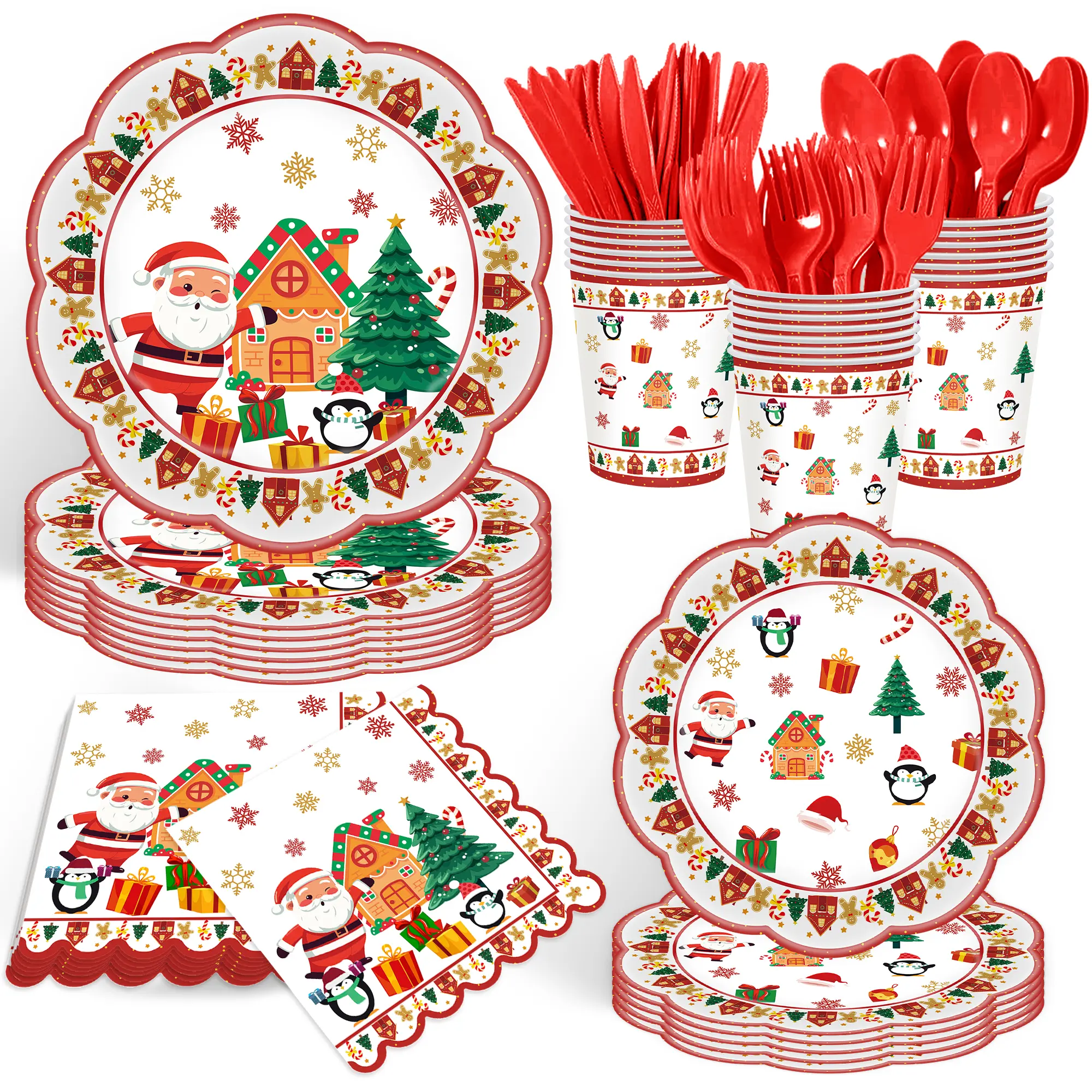 140Pcs Christmas Disposable Tableware Party Set - Santa Reindeer Snowman Themed, 7" & 9" Plates, Napkins, Cups, Knives, Forks, Spoons - Serves 20 Guests, Festive Home Supplies (Plates Cups Included)