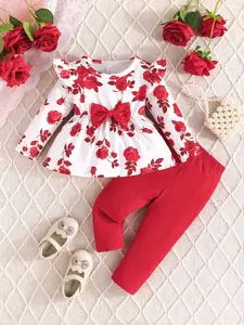 Baby Girls Thin Long Sleeve Floral Bow Top + Casual Pants Set Two-Piece, Cute Toddler, Comfortable and Stylish
