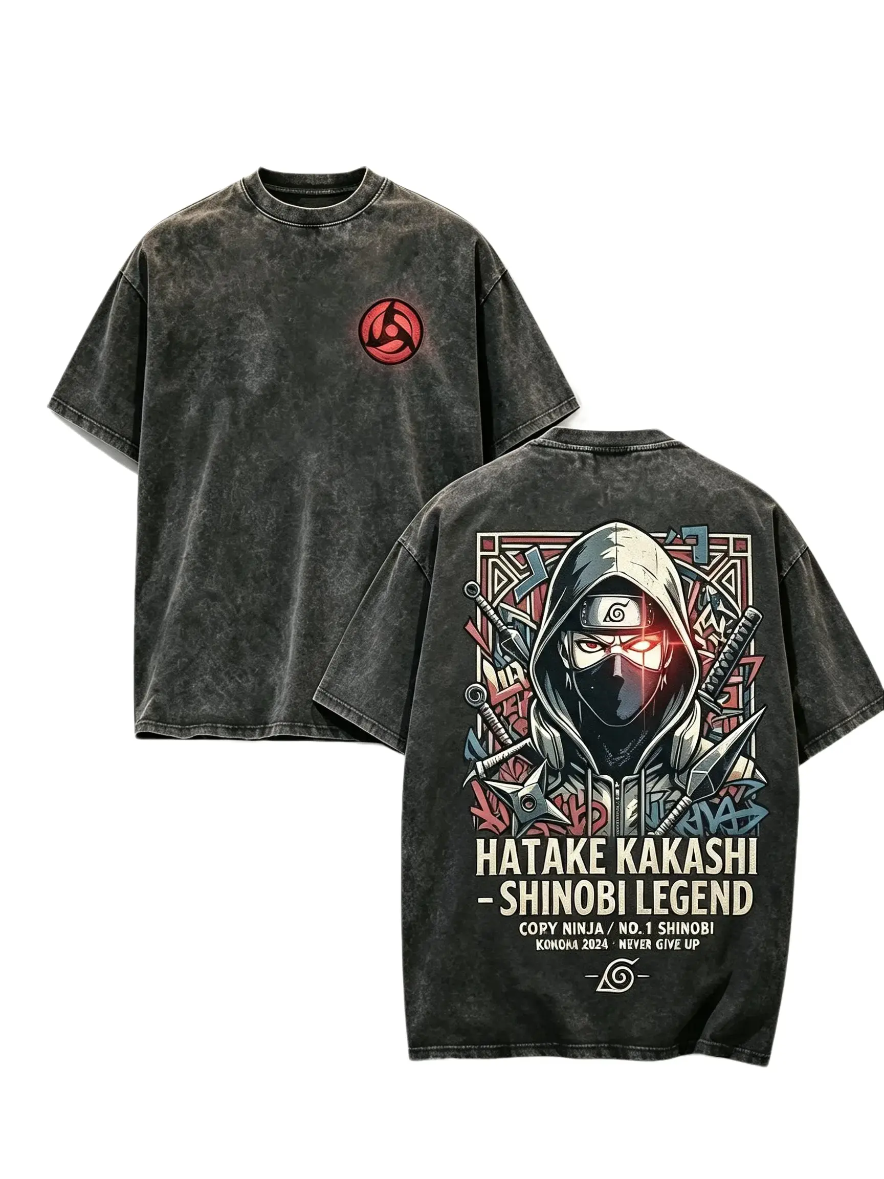 Naruto Copy Ninja Hatake Kakashi Anime Graphic Tee, Vintage Washed Heavyweight 100% Cotton Drop Shoulder Crew Neck T Shirt, Front Sharingan Symbol & Back Kakashi Shinobi Legend Panel Print Men fashion graphic tee men's t shirts