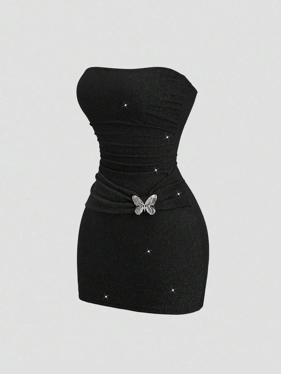 Valentine Sweetra Knitted Metallic Thread Sexy Bandeau Waist Fitted Mini Dress With Butterfly Metal Buckle Decor, Suitable For Spring, Summer, Autumn, Winter