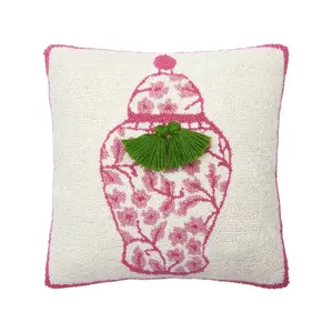 212 MAIN 16x16 in. Wool Velvet Chinoiserie Vase Hook Pillow - Home Decorative Cushion with Tassel Detail (Model 30AV442C16SQ)