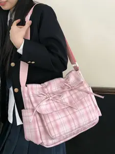 Sweet and cute women's shoulder bag, fashionable commuting shoulder crossbody bag, Casual Shoulder Bag, plaid bow shoulder tote bag, student commuting shoulder commuter bag, suitable for commuting, daily matching and other scenarios.