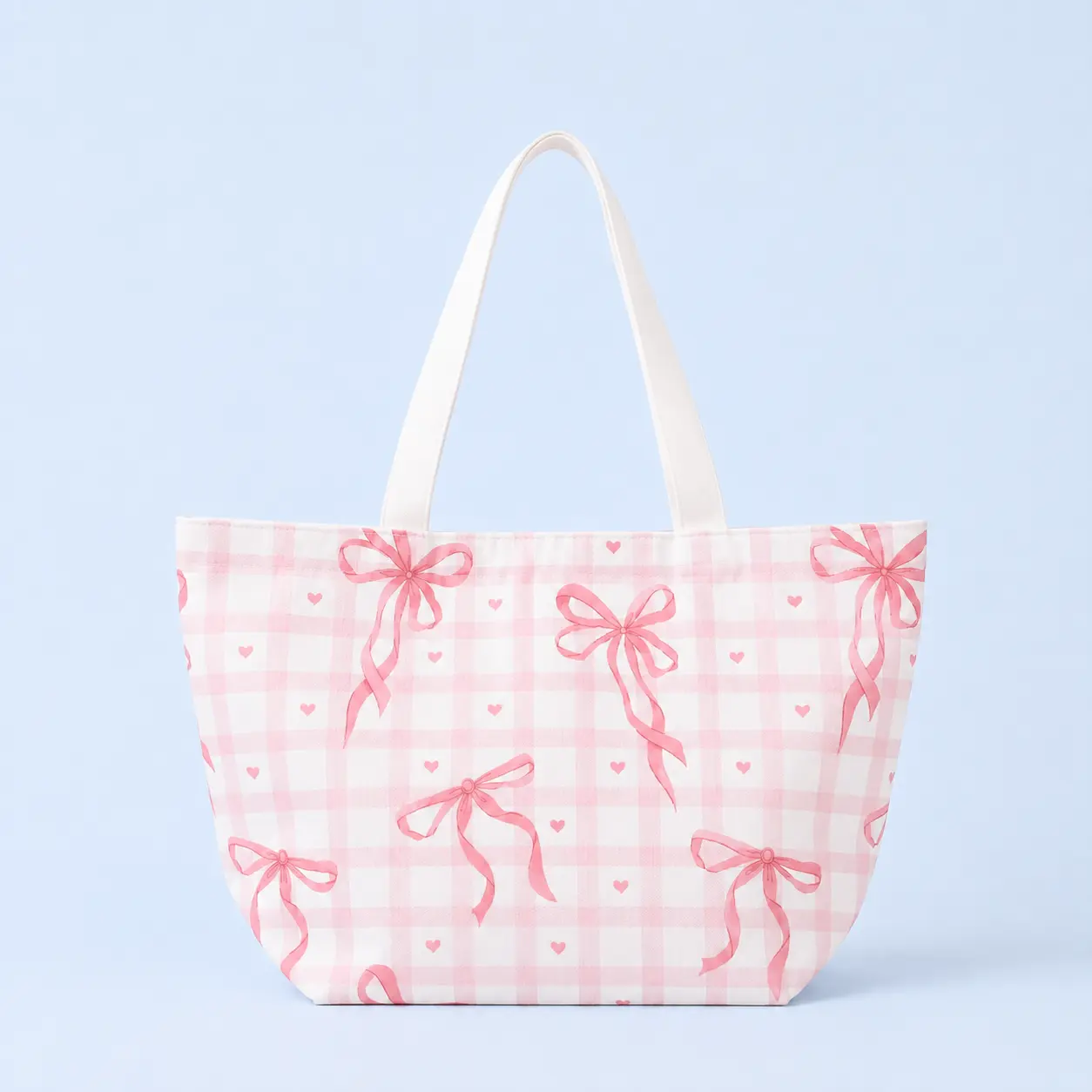 Large Canvas Tote Bag with Pink Bow Grids