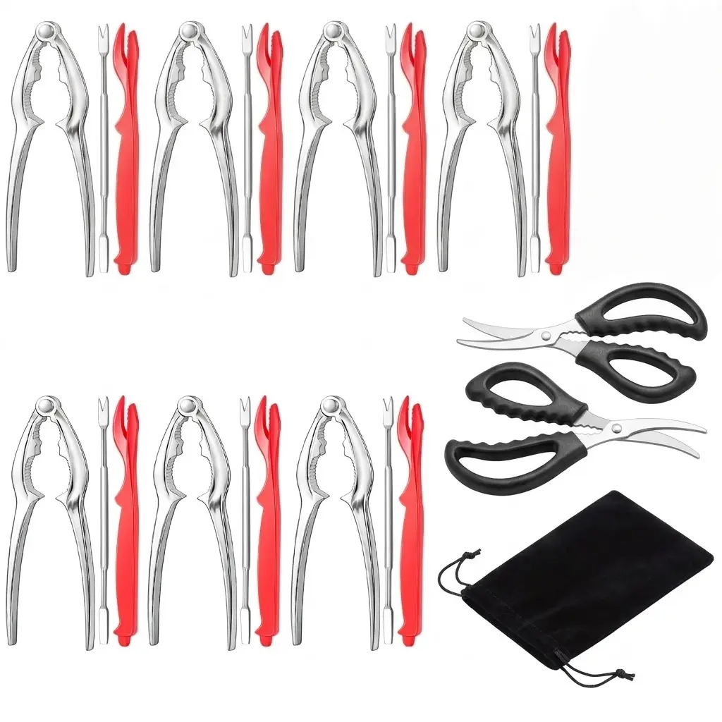 24Pcs Seafood Cracker Tool Set Stainless Steel Crab Crackers Lobster Sheller Crab Leg Fork Scissors Picks Eating Tools with Storage Bag