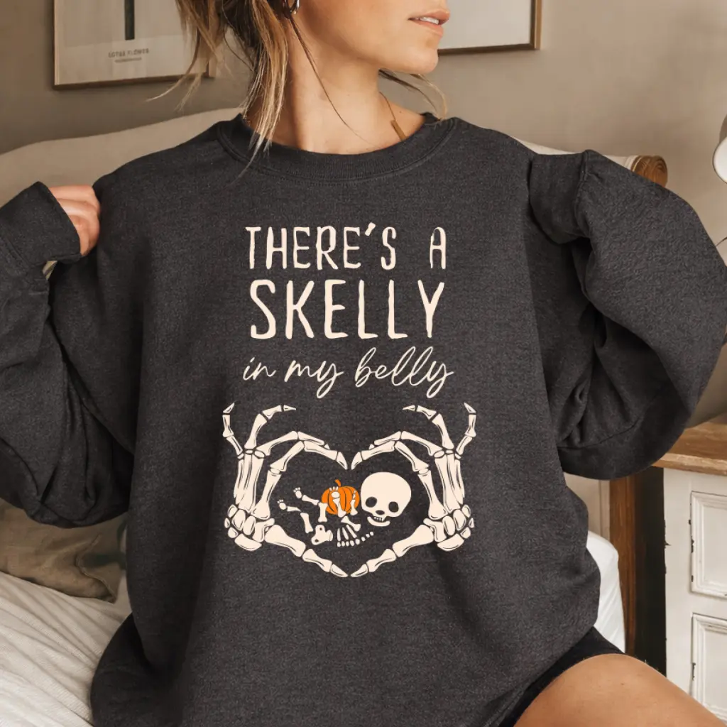 There's a Skelly in My Belly Maternity Sweatshirt, Funny Halloween Pregnancy Crewneck, Baby Skeleton Pumpkin Graphic, Spooky Fall Baby Reveal Gift