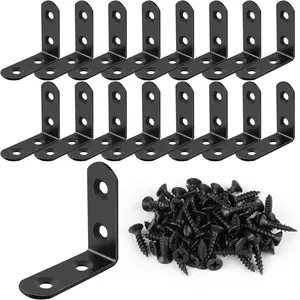 16 Pcs L Bracket Stainless Steel Corner Brace Sets, 90 Degree Right Angle Bracket with 64 Pcs Screws, L Bracket Firmware Can Be Used for Wooden Shelves, Chairs, Tables, Dressers, Furniture (Black)