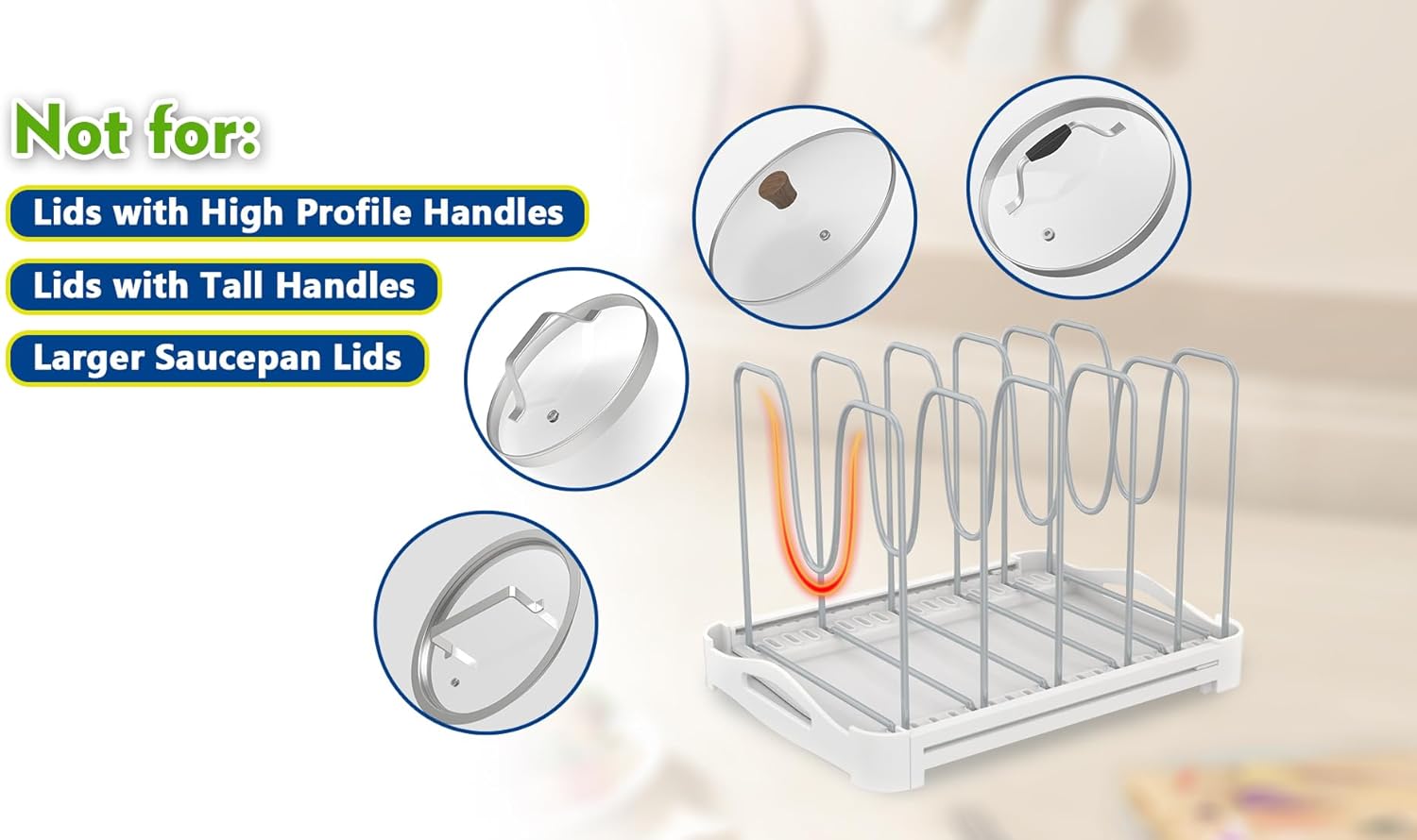 EVERIE Adjustable Pot & Pan Lids Bakeware Organizer Holder Rack,10 Adjustable Dividers Compartments 7.7'' Deep by 12.6'' to 21.5'' Wide Cabinet Countertop Kitchen Organization Storage(White&Grey)GS02SS