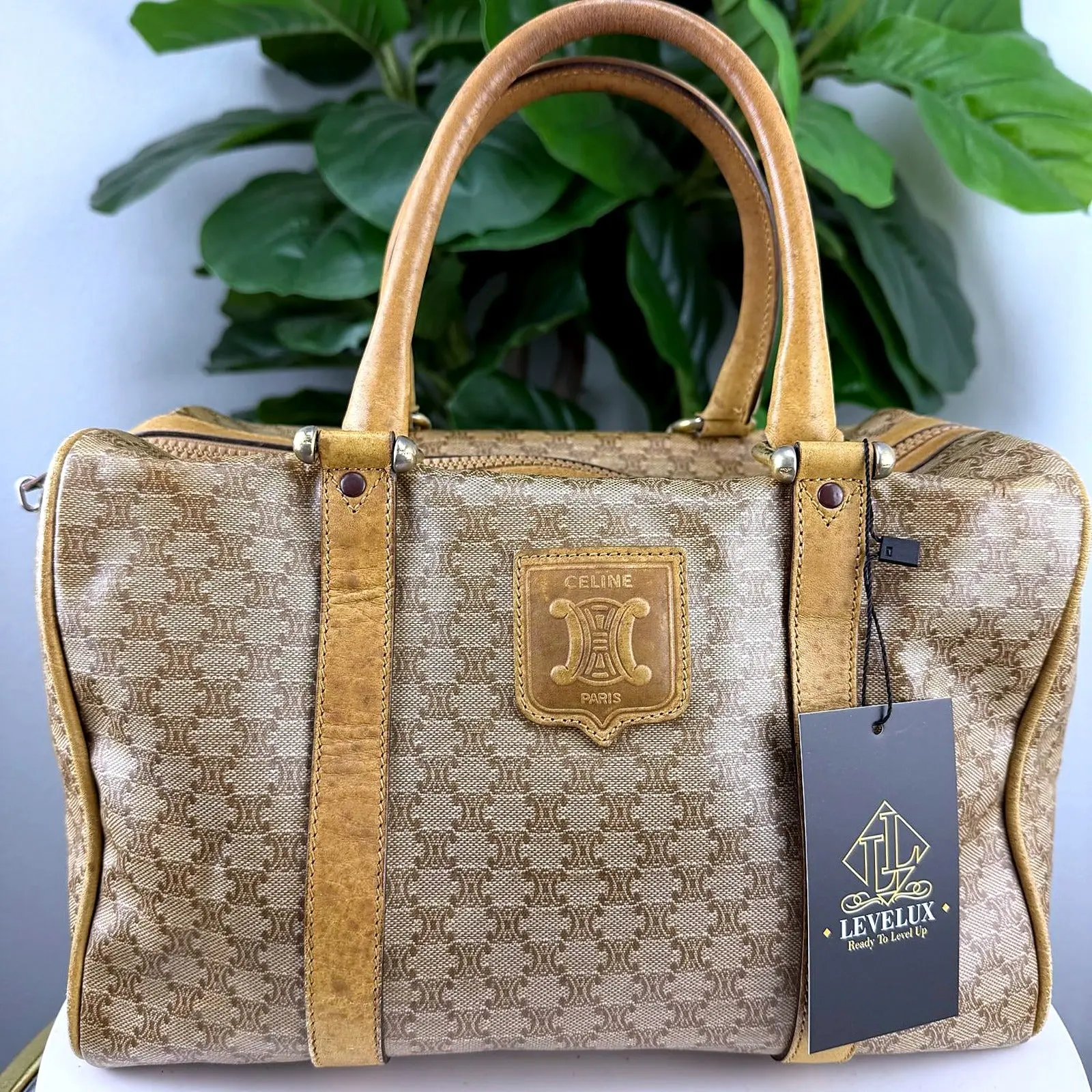 Pre-owned Macadam/Blason coated canvas, beige/tan canvas printed with the brown Triomphe emblem pattern, cognac leather trim Shoulder bags Authentic Celine Vintage Macadam Blason Monogram Canvas Boston Bag