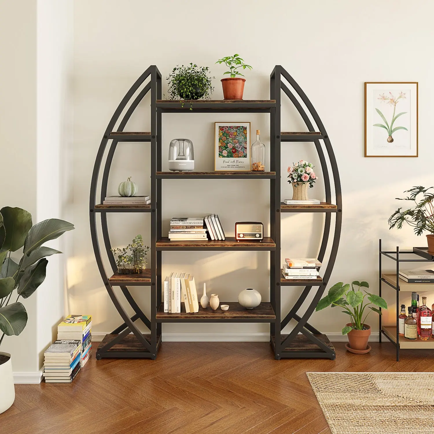 Spaco Oak Industrial Bookshelf - 70" Tall, Triple-Wide, 5-Tier Large Oval Open Storage Organizer, Space-Saving Furniture for Living Room, Office (Ideal for Collectibles, Small Room Ideas)