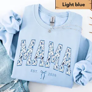 Mama Sweatshirt, Retro Blue Toile Floral Est 2026 Crewneck, Coquette Mom Gift, Personalized New Mom Sweatshirt With Bow