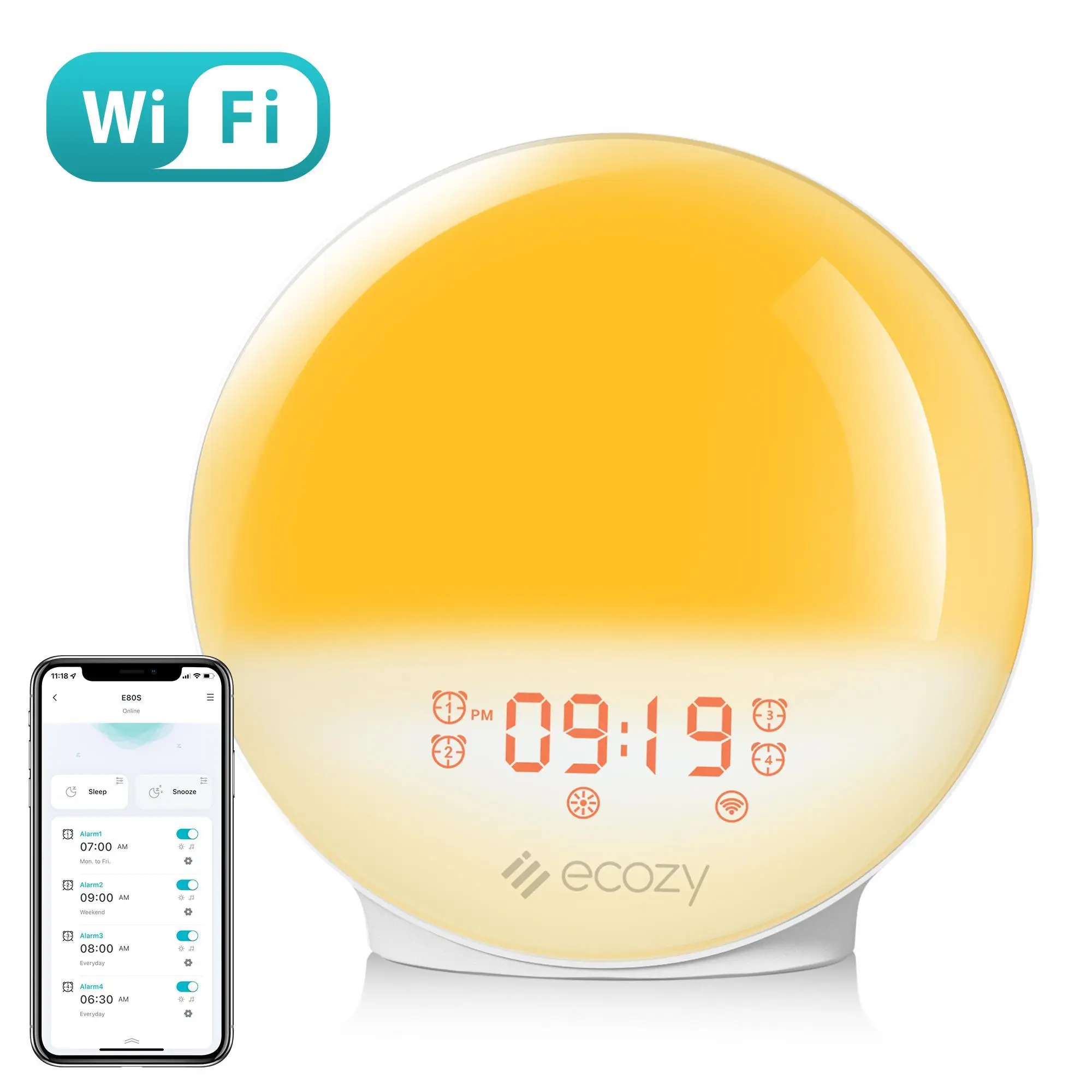 ecozy Sunrise Alarm Clock for Heavy Sleepers, Smart Wake Up Light with Sunrise/Sunset Simulation Decor Adjustable Radio