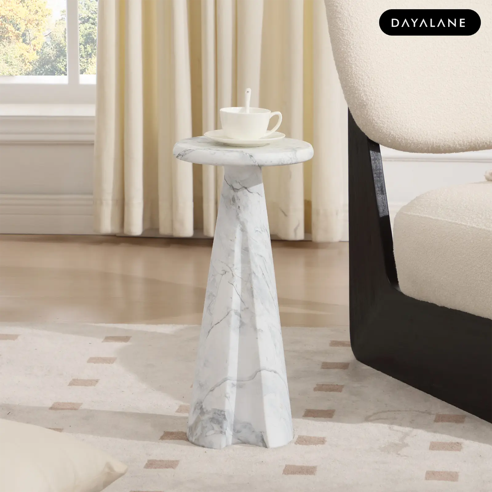 [SummerFinds]DAYALANE Modern Lauren Cultured Marbled Effect Side Table for Living Room, 9 "Round Stone Side Table Vintage Night Stand, Small Rustic Red End Table for Drink in Bedroom Apartment Waiting Room, Black White and Red