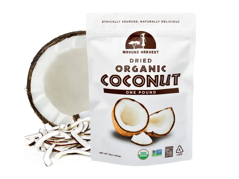 Mavuno Harvest Coconut Chips Dried Fruit Snack | Unsweetened Organic Dried Coconut Strips | Gluten Free Snack | Healthy Snacks for Kids & Adults | Vegan, Non GMO, Direct Trade | 1 Pound Resealable Bag
