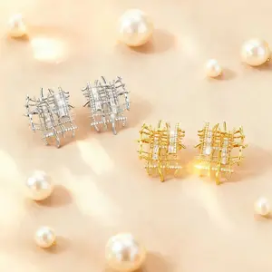 Grid Stud Earrings in Gold & Silver | Sculptural Zircon Statement Earrings