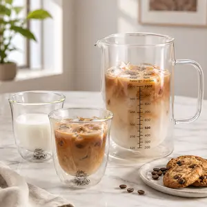 33.8oz Measuring Glass Pitcher with 2 Double Wall Funny Glass Cups Barista Home Coffee Set Hot Cold Safe Oz Water Bottle Gift For Dad Sister Coffee Lovers Easy Read Scale Mixing Pouring Pitcher for Iced Coffee Juice Latte