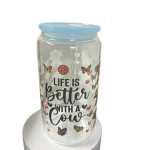 DrinkwareBaby Cows Glass Tumbler with Butterfly Design Life is Better with a Cow Sky Blue Lid & Straw Included