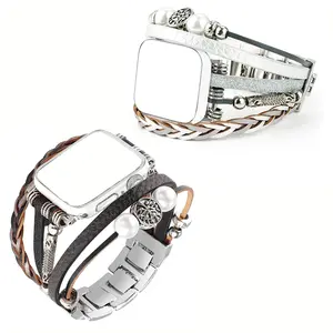 Fashion Handmade Leather Beaded Tree of Life Bracelet Watch Band for Apple Watch 38/40/41/42/44/45/46/49 Mm, Adjustable Metal Strap Compatible with Iwatch Series 10 9 8 7 6 5 4 3 2 1, Smart Watch Strap