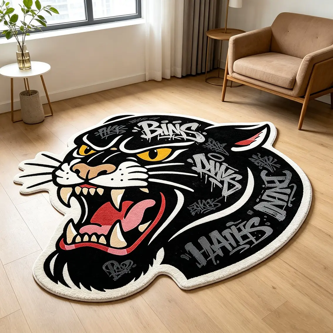 Graffiti Black Panther Head Alien Carpet American Street Plush Floor Mat Living Room Sofa Anti slip Wear resistant Foot Mat Hip Hop Decorative Mat Home Decoration Decorative Rugs, Non Slip Rugs