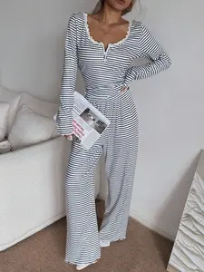 Fashion Women's Casual Striped Long Sleeve and Top with Pants Pajama Set, Comfortable and Elegant Autumn Winter Sleepwear, Sleepwear Pajamas Set