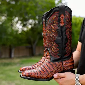 Cognac Caiman Belly Leather Boots - Square Toe