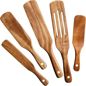 Wooden Spurtle Kitchen Utensils, Wooden Spurtle for Sourdough Starter, QWKIT 5Pcs Premium Natural Teak Wood Slotted Spurtle Spatulas Spoons Set for Nonstick Cookware Kitchen Cooking Heat Resistant Non Stick (5)