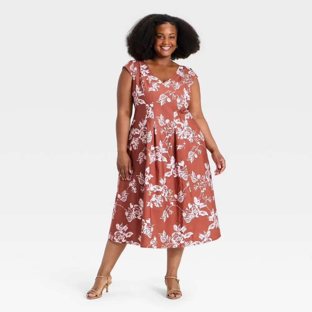 A New Day Women's Deep V-Neck Corset Midi Dress - Pink Floral