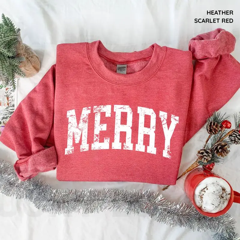 Retro Merry Sweatshirt, Merry Christmas Sweatshirt, Womens Christmas Shirt, Festive Holiday Sweater, Cute Christmas Gift Tops Gift For Women