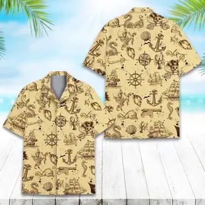 Vintage Nautical Compass Ship Hawaiian Shirt Men Women    Sailing Adventure Button Down Short Sleeve  Retro Maritime Themed Outfit