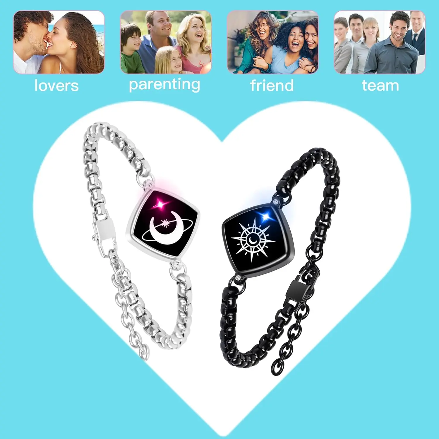 PULOMI Long Distance Touch Bracelets,Vibration & Light up Couples Bracelets,  Remote Smart Matching Bracelet for Couples Long Distance Relationship  Girlfriend Boyfriend Xmas Gifts Black Silver: Clothing, Shoes & Jewelry