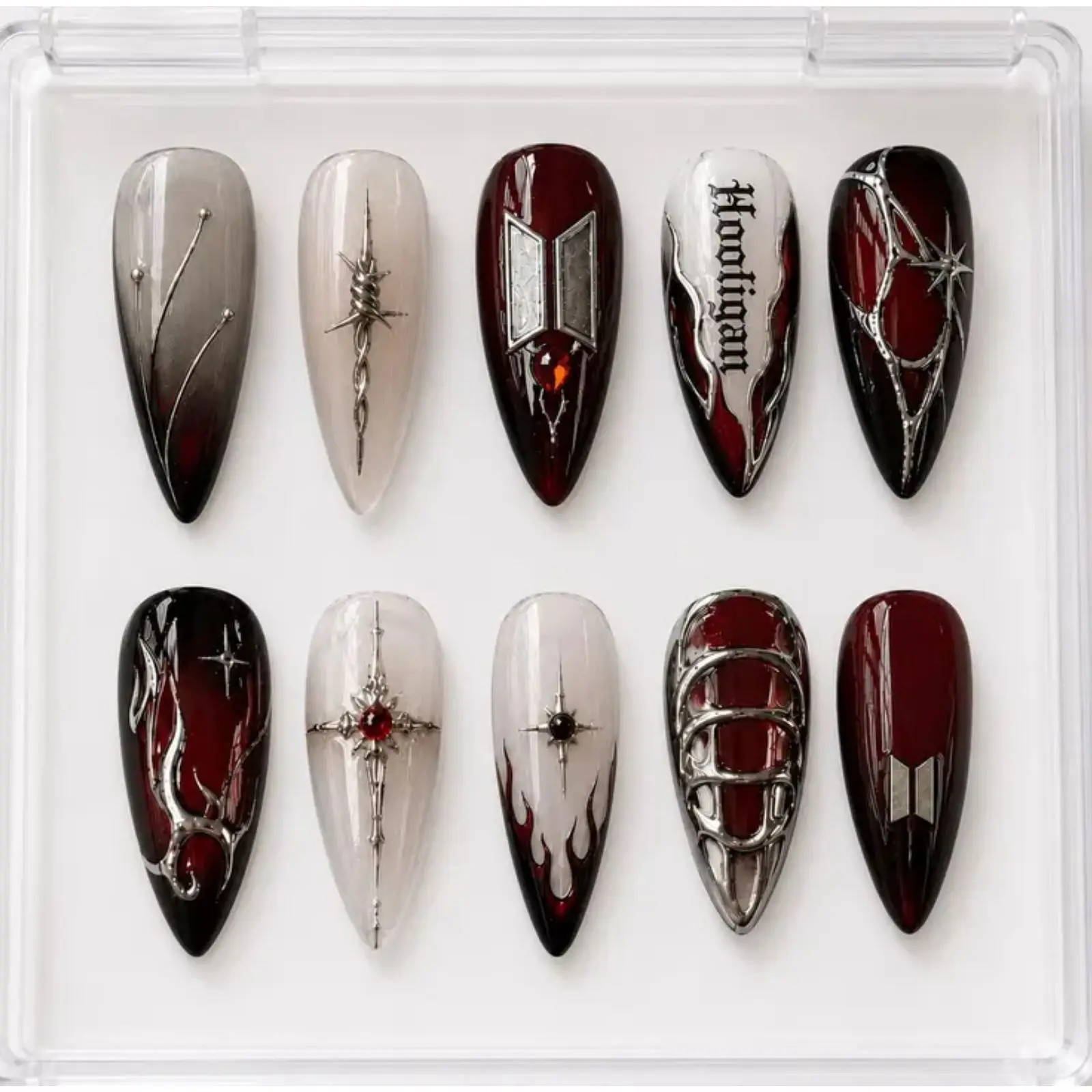 Korean Concert Inspired Burgundy Chrome Press On Nails | Gothic Kpop Concert Nail Set | Silver Armor Flame Gel Nails | Handmade Luxury Fake Nails