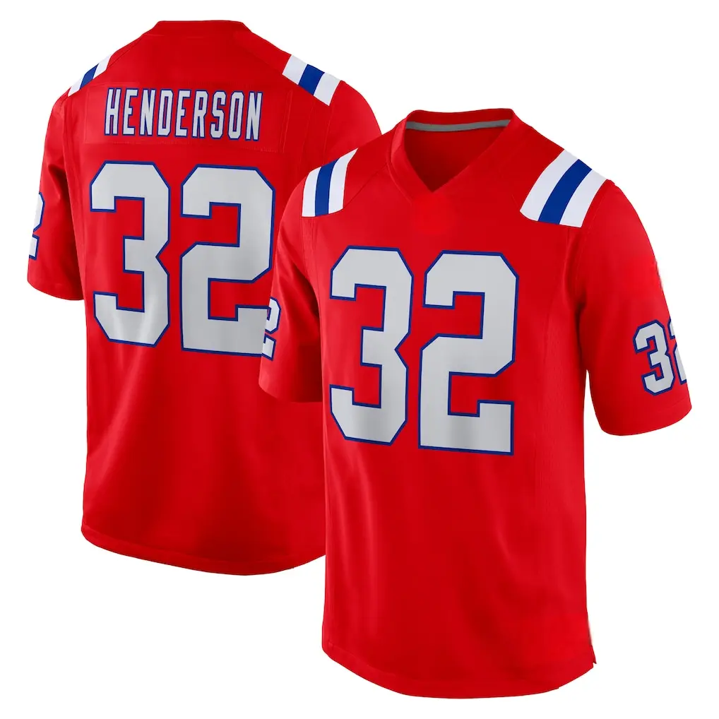 Full Print Henderson #32 Football Jersey, New England Red Navy American Football Jersey, V Neck Short Sleeve Athletic Shirt, Breathable Game Day Football Top, Football Season Fan Apparel, Player Name Number Jersey, Unisex Sportswear