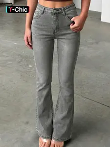 Women's Fall Winter Fashion Washed Elastic Tight Casual Jeans Pants, Womenswear, Bottom, Trouser, Y2K Style Flare Denim, Button Closure, Long Regular Fit, All Seasons