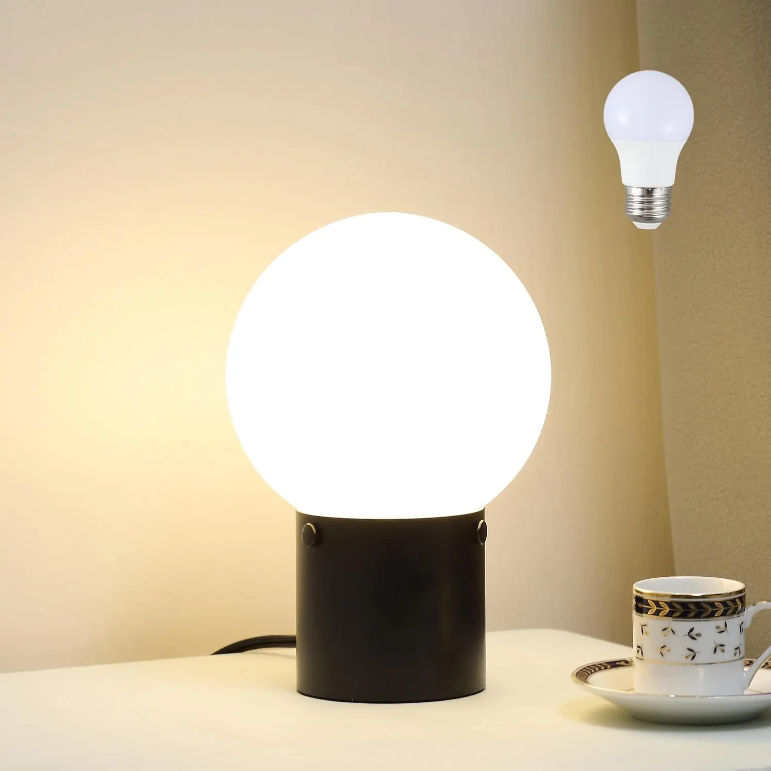 Mid Century Modern Black Table Lamp, Round Frosted Glass Globe Shade, Metal Base, AC Power Supply, Bulb Included, D5.9"xW5.9"xH8.7" - Night Lighting for Bedroom, Entryway Indoor Use