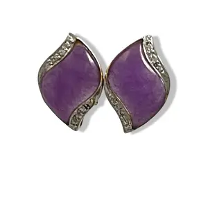 14K Yellow Gold Omega Clip Diamond Lavender Jade Earrings