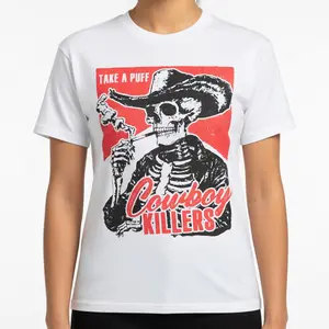Smoking Skeleton Cowboy Killers T-Shirt, Funny Skull Western Graphic Tee, Vintage Grunge Aesthetic Short Sleeve Apparel, Aesthetic Edgy Alternative & Retro Cowpoke Gift Fashion Top, Viral Trendy Gothic Desert Vibes Statement Streetwear Crew Neck