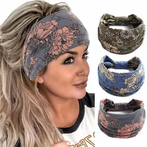 Pack of 3 Boho Bandeau Headbands - Wide Knot Hair Scarf with Floral Print - Elastic Turban Style - Thick Head Wrap - Stretch Fabric - Cotton Head Bands - Fashionable Hair Accessories for Women