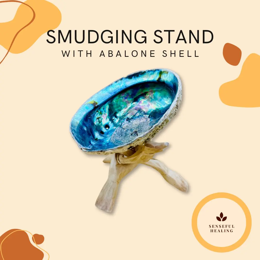 Smudging Stand with Abalone Shell & Hand-Carved Wooden Tripod (5-6 in) - Home Supplies, Traditional Spiritual Rituals Decor, Loose Leaves, Smudging Guide