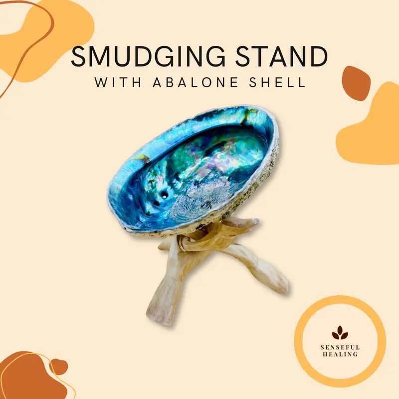 Handmade Hand-Carved 5-6 inches Abalone & Wood Tripod Smudging Stand - Incense Dish, Loose Leaf Holder, Free Smudging Guide, Home Aromatherapy, Stress Relief, Rustic Religious Decorations, Spiritual Practices