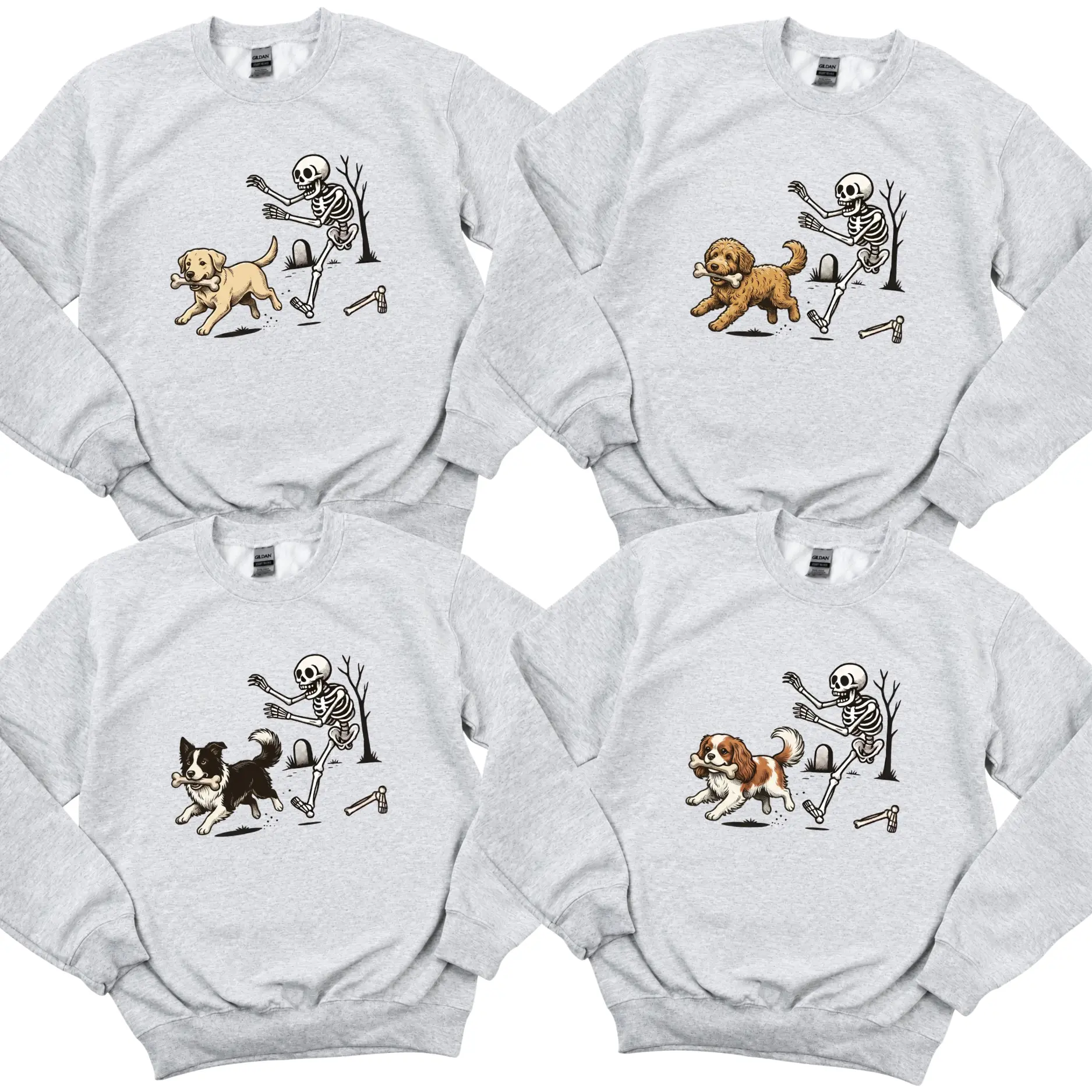 Custom 50+ Dog Breeds Halloween Sweatshirt, Personalized Puppy Skeleton Chasing Dog Crewneck, Funny Spooky Season Pet Lover Sweater, Dog Mom Dog Dad Halloween Gift- AL