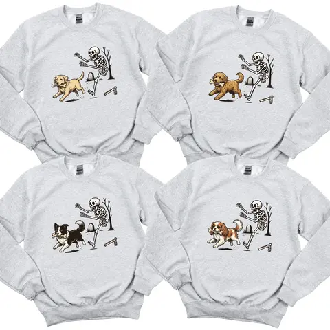 Custom 50+ Dog Breeds Halloween Sweatshirt, Personalized Puppy Skeleton Chasing Dog Crewneck, Funny Spooky Season Pet Lover Sweater, Dog Mom Dog Dad Halloween Gift- AL