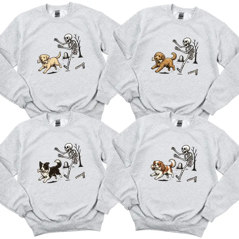 Custom 50+ Dog Breeds Halloween Sweatshirt, Personalized Puppy Skeleton Chasing Dog Crewneck, Funny Spooky Season Pet Lover Sweater, Dog Mom Dog Dad Halloween Gift- AL