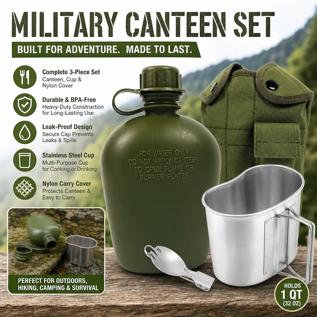 WWII Military Canteen Kit - 1 Qt Green Army Outdoorgear Travel Water Cup with Aluminum Cup, Foldable Spoon-Fork, Portable Stainless Steel Camping Utensil for Hiking, Backpacking