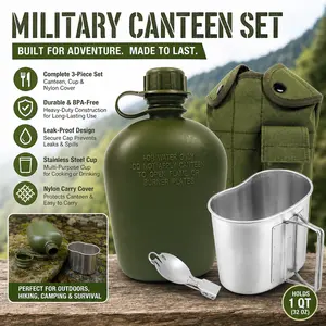 WWII Military Canteen Kit – 1 Quart Green Army Canteen with Aluminum Cup & Foldable Spoon Fork for Hiking Backpacking Camping